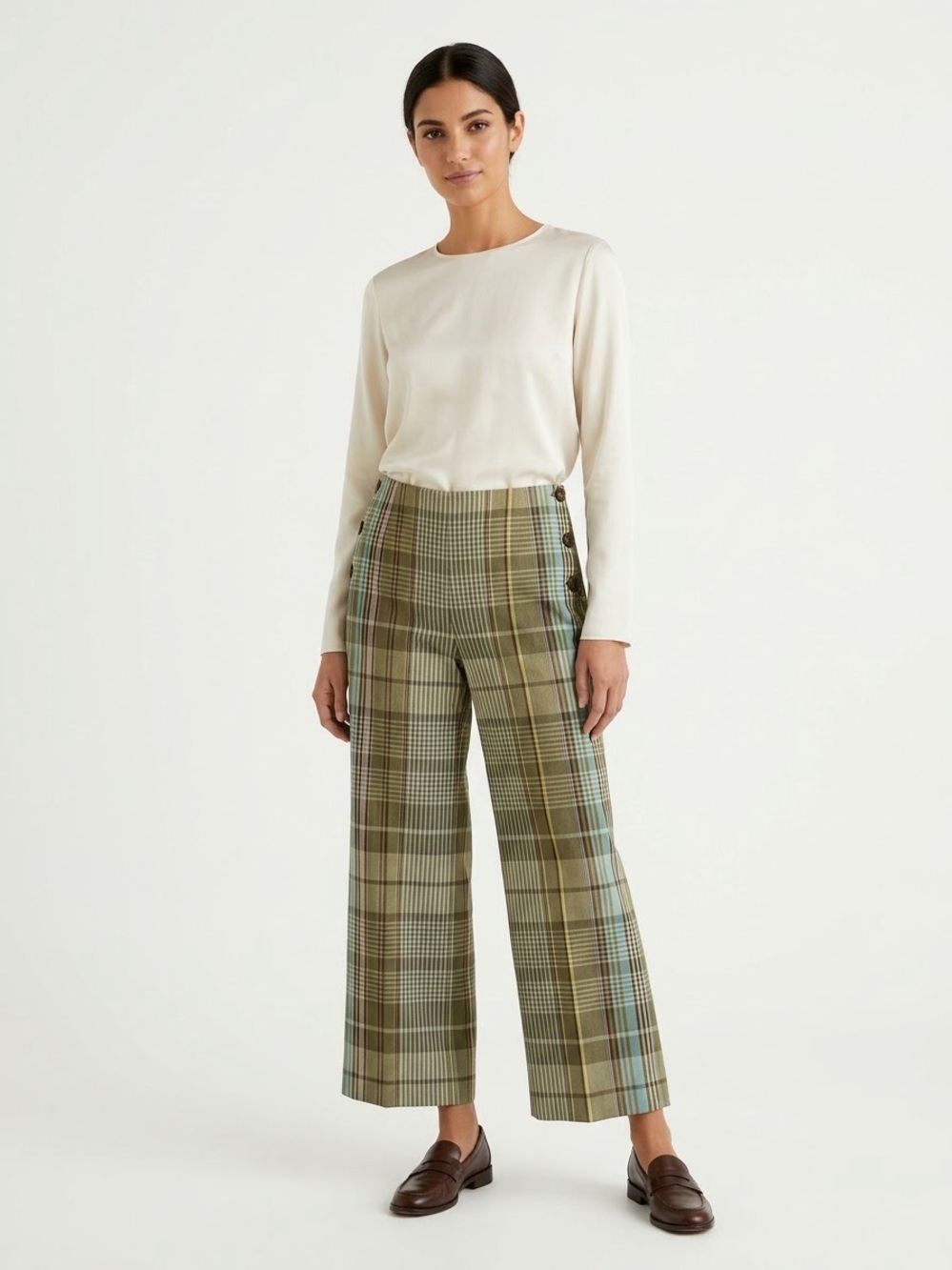 Talbots Olive Plaid Wide-Leg Pants with Side Buttons